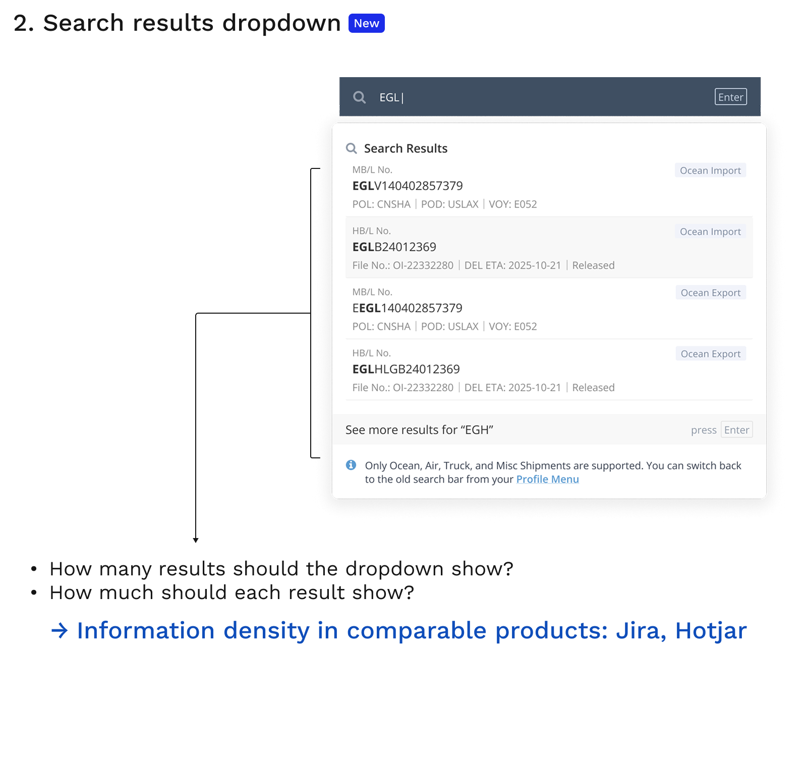 The new dropdown: live matches from across modules, each tagged with the module it belongs to, such as Ocean Import and Ocean Export