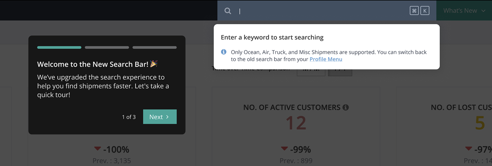 Onboarding step 1: Welcome to the new search bar, enter a keyword to start searching
