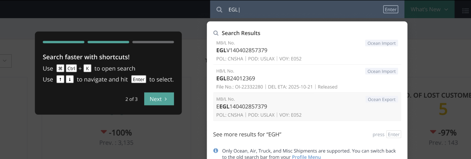 Onboarding step 2: search faster with shortcuts, Command + K to open, arrow keys to navigate, Enter to select