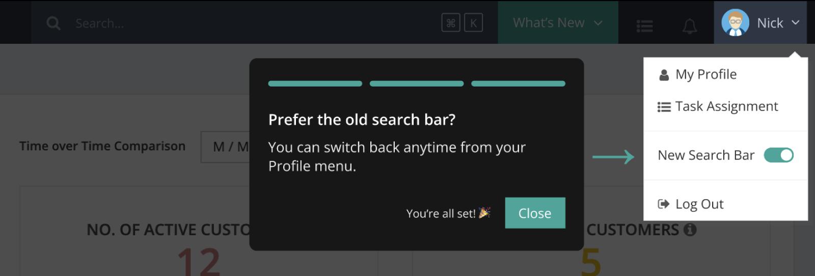 Onboarding step 3: prefer the old search bar? switch back anytime from your profile menu